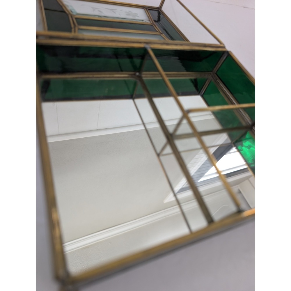 Jewelry Box Etched Floral Stained Glass Green Clear Vintage Glass Trinket FLAW - Picture 7 of 16